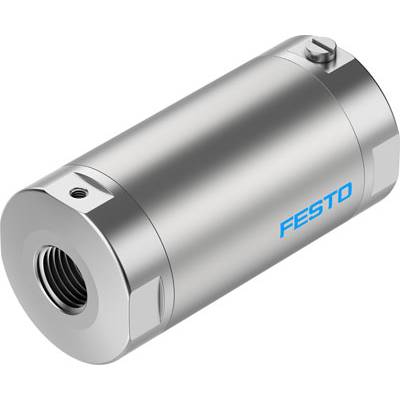 Silberner zylindrischer Metallzylinder mit seitlichem Schraubgewinde, Aufschrift 'FESTO', industrielles Bauteil.