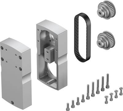 Montageanleitung: Mechanische Bauteile wie Halterungen, Riemen, Zahnräder und Schrauben für einen Antriebsmechanismus.