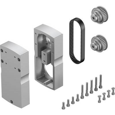 Montageanleitung: Mechanische Bauteile wie Halterungen, Riemen, Zahnräder und Schrauben für einen Antriebsmechanismus.