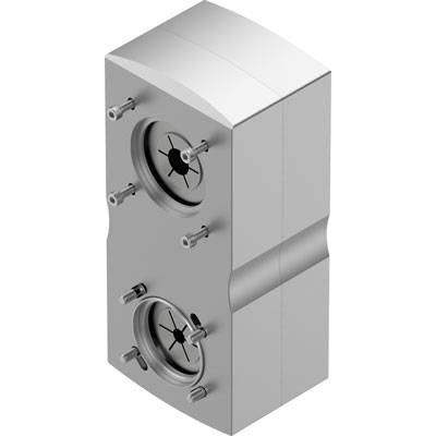 Rechteckiger Metallblock mit zwei kreisförmigen Öffnungen, sechs hervorstehenden Bolzen und kleinem, zentralem Zahnradmuster in jeder Öffnung.