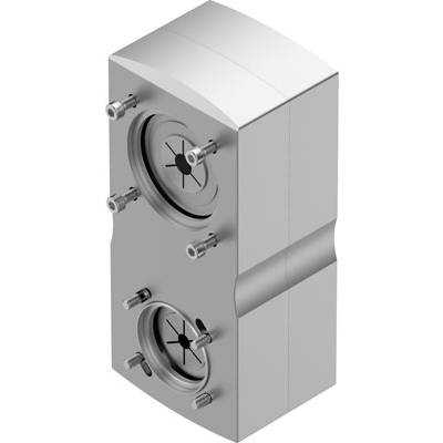 Metallischer Block mit zwei runden, symmetrisch angeordneten Öffnungen und mehreren kurzen, hervorstehenden Bolzen an den Seiten.