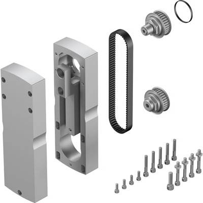 Explosionszeichnung eines mechanischen Bauteilsatzes mit Zahnrädern, Schrauben, einer Riemenscheibe, einem Riemen und Befestigungselementen.