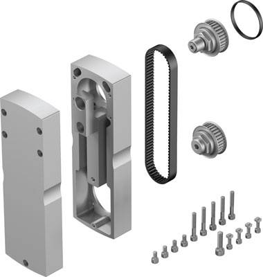 Zerlegte Darstellung eines mechanischen Getriebesets: Gehäuse, Zahnriemen, Zahnräder, Schrauben und Dichtungen. Hauptbestandteile sind deutlich sichtbar.