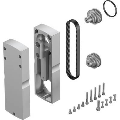 Zerlegte Darstellung eines mechanischen Getriebesets: Gehäuse, Zahnriemen, Zahnräder, Schrauben und Dichtungen. Hauptbestandteile sind deutlich sichtbar.