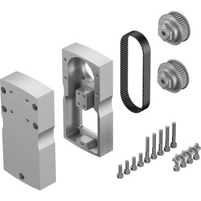Montagesatz mit Schrauben, Zahnrädern und Zahnriemen, gezeigt in Einzelteilen. Geeignet für mechanische Anwendungen und Baugruppen.