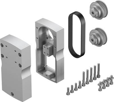 Metallteile eines Maschinensatzes, darunter Zahnriemen, Zahnräder und Schrauben, auf weißem Hintergrund, dargestellt.