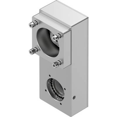 Metallisches Maschinenbauteil mit zwei kreisförmigen Öffnungen, befestigt durch Schrauben; möglicherweise für industrielle Anwendungen.