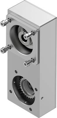 Silbernes Getriebemodul mit rotierenden Zahnrädern und Befestigungsschrauben. Gerät für mechanische Anwendungen.