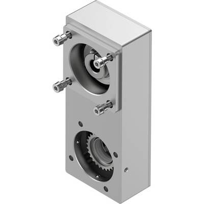 Silbernes Getriebemodul mit rotierenden Zahnrädern und Befestigungsschrauben. Gerät für mechanische Anwendungen.