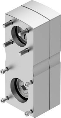 Metallischer Maschinenkomponent mit mehreren Bolzen und zwei runden Öffnungen, dargestellt in einer isometrischen Ansicht.