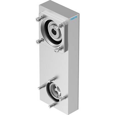 Metallisches rechteckiges Gerät mit Zahnrädern und Schraubgewinden, möglicherweise ein Maschinenteil, mit blauem 'Festo'-Logo oben rechts.