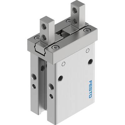 Greifer Festo mechanisches Bauteil, rechteckig, Metall, mit mehreren Befestigungslöchern und dem blauen Festo-Logo auf der Seite.