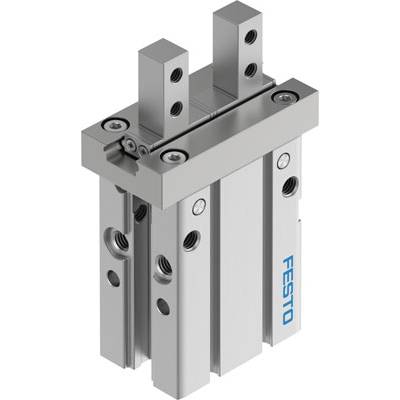 'Pneumatische Greifzange von Festo mit zwei parallelen Greifbacken, silberfarbenes Gehäuse, geeignet für industrielle Anwendungen.'