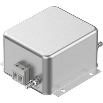Metallisches elektrisches Bauteil mit rechteckigem Gehäuse und Anschlüssen an den Seiten, montiert auf einer Grundplatte.