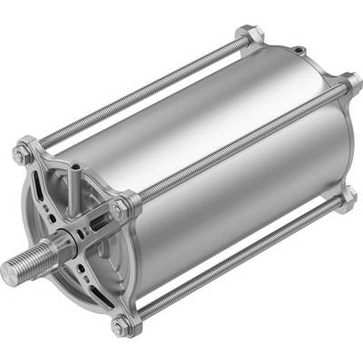 'Zylinderförmiger Pneumatikzylinder aus Metall mit Schraubverbindungen und Kolbenstange, verwendet in automatisierten Systemen.'