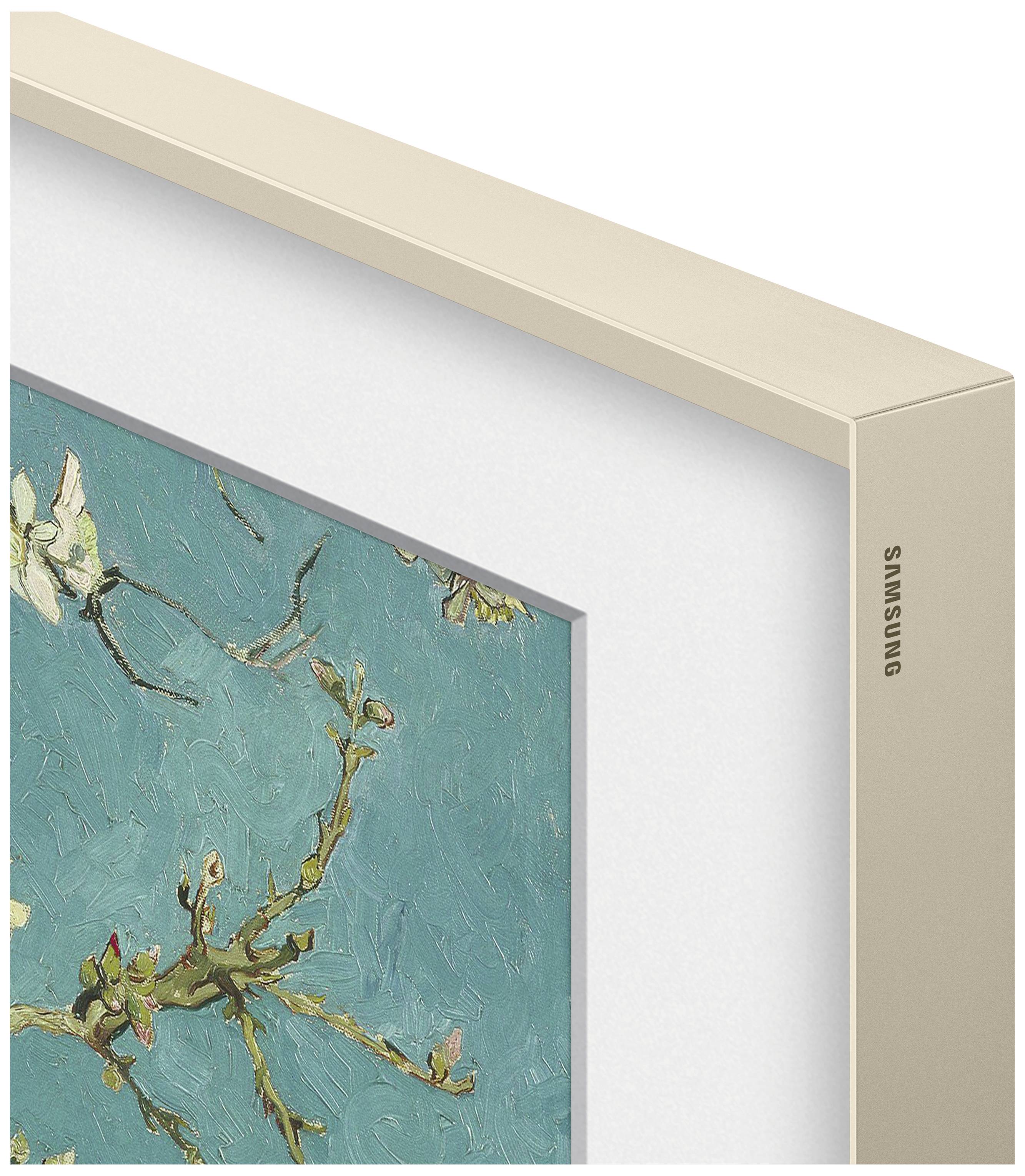 Nahaufnahme eines gerahmten Kunstwerks mit Blumenmotiv, türkisfarbener Hintergrund. Der Rahmen ist beige und mit 'Samsung' beschriftet.