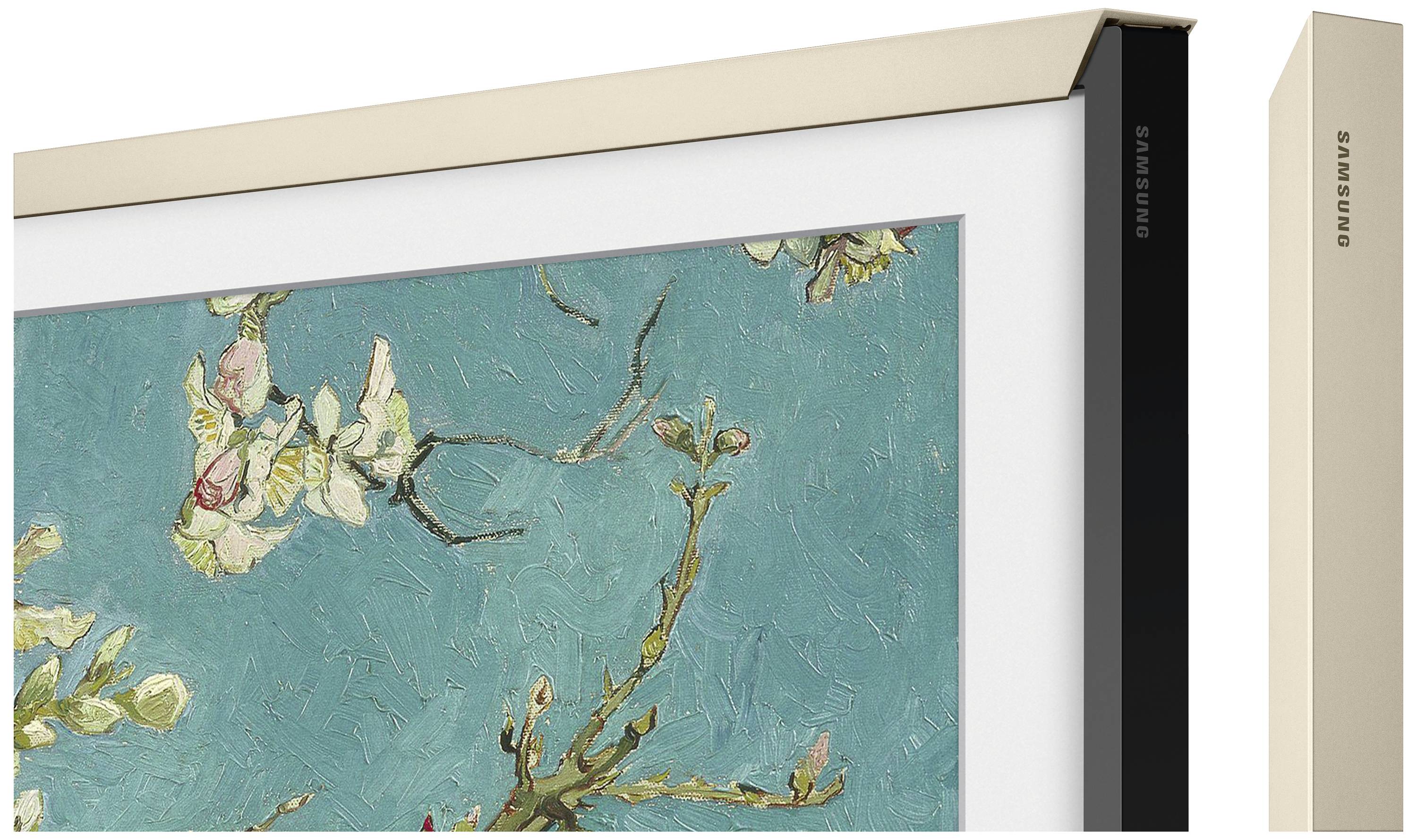 Ein Samsung-Bildschirm mit goldener und schwarzer Rahmenoption. Darauf ist ein Gemälde von blühenden Zweigen vor einem blauen Hintergrund zu sehen.