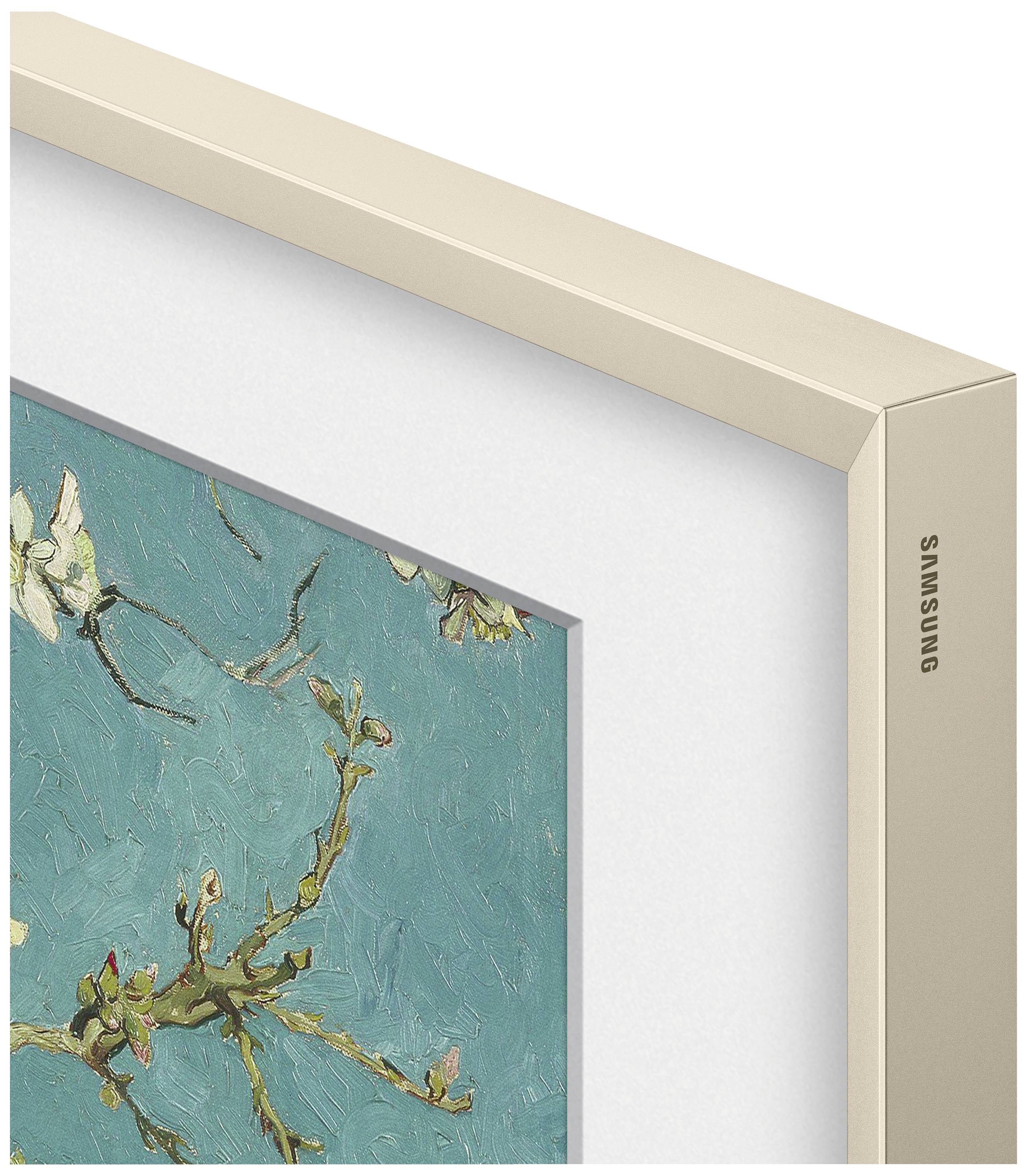 Das Bild zeigt einen Teil eines gerahmten Gemäldes mit einem blauen Hintergrund und Blumenmotiv. Der Rahmen ist beige, mit 'Samsung' beschriftet.