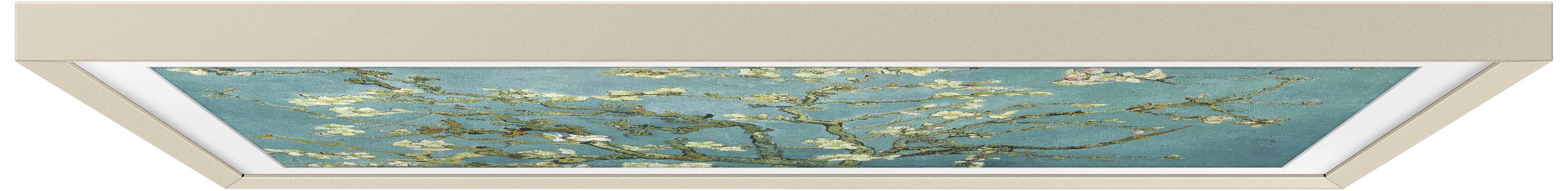 Deckenleuchte mit einem Motiv von blühenden Zweigen vor einem türkisfarbenen Hintergrund, ähnlich einem Gemälde.