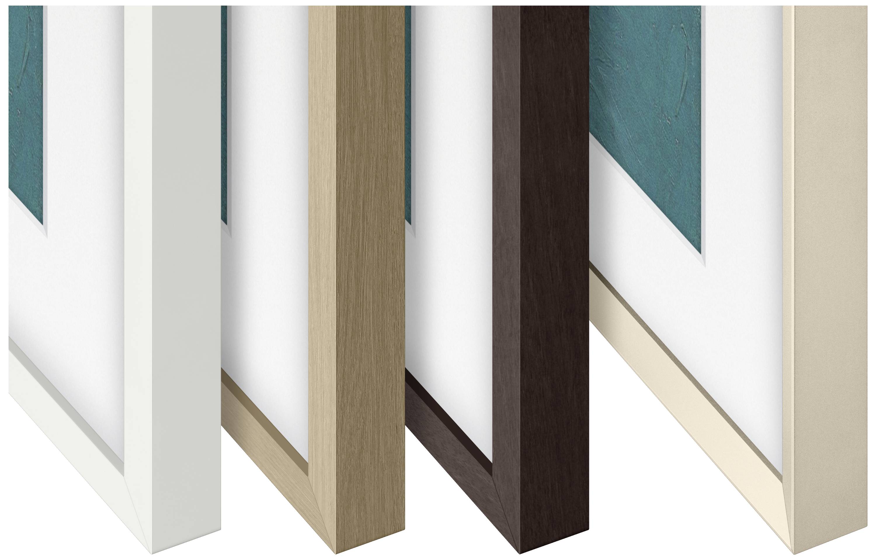 Vier Bilderrahmen in unterschiedlichen Farben (Weiß, Holzton, Dunkelbraun, Beige) in schräger Ansicht aufgestellt.