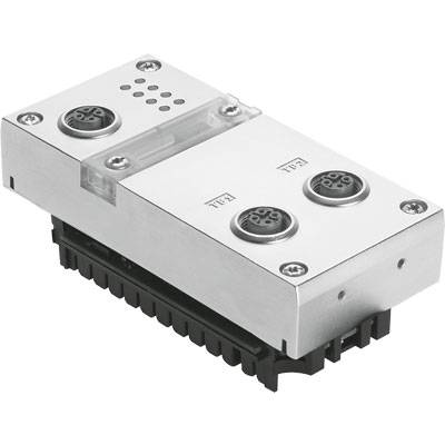 Metallisches industrielles Bauteil mit mehreren Anschlüssen und einem schwarzen Sockel, möglicherweise ein elektronisches Modul.