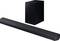 Schwarze Soundbar und Subwoofer, nebeneinander angeordnet, vor weißem Hintergrund. Geeignet für Heimkino- und Musiksysteme.