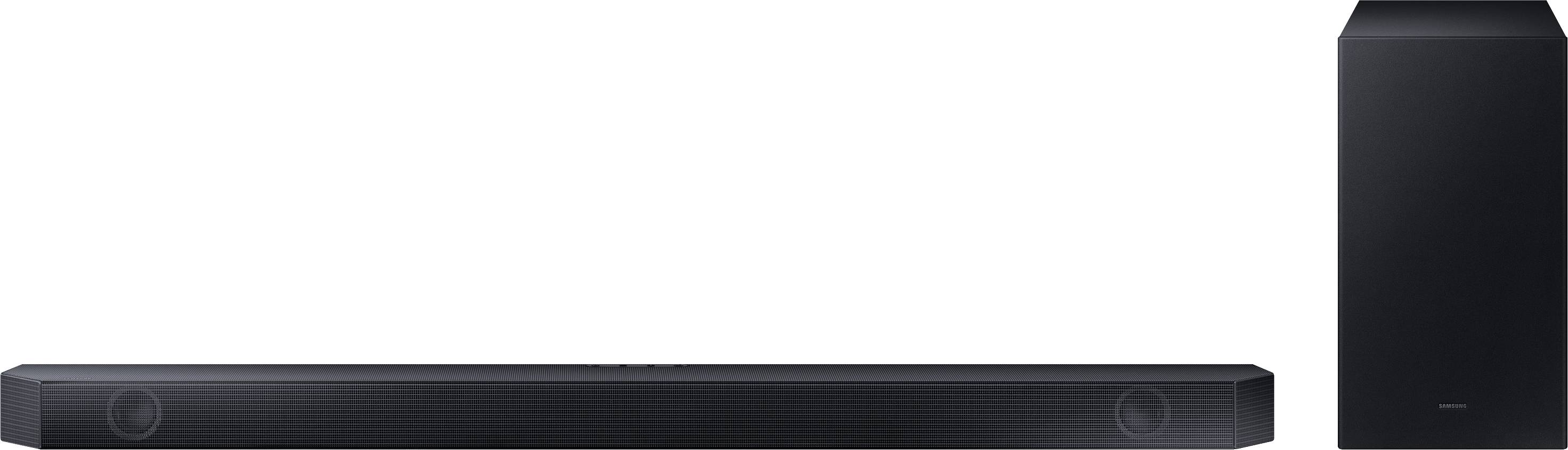 Eine schwarze Soundbar und ein kabelloser Subwoofer stehen nebeneinander. Die Soundbar hat ein schlankes Design.