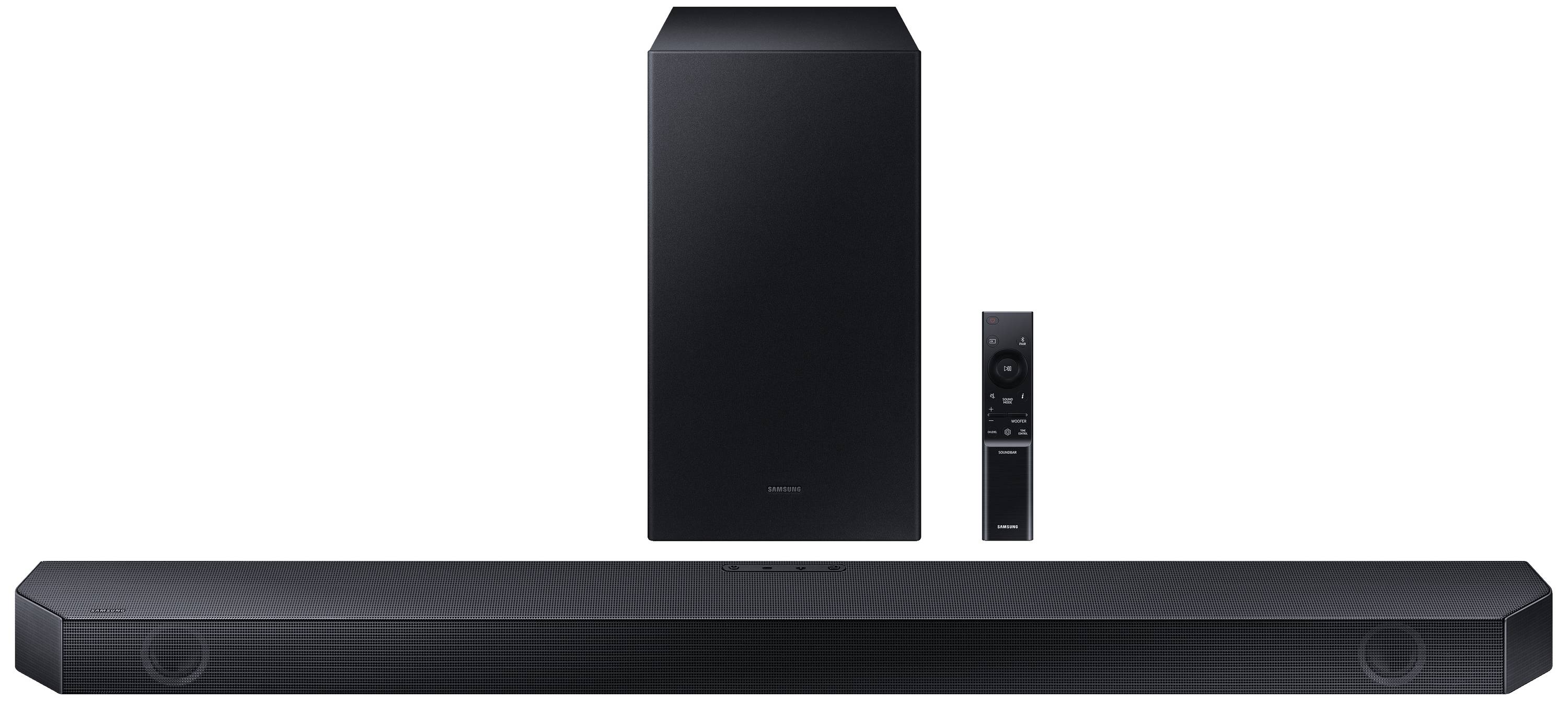 Soundbar-Set mit Subwoofer und Fernbedienung, alle in Schwarz. Ideal für optimierten TV-Sound und kabelloses Audio-Streaming.
