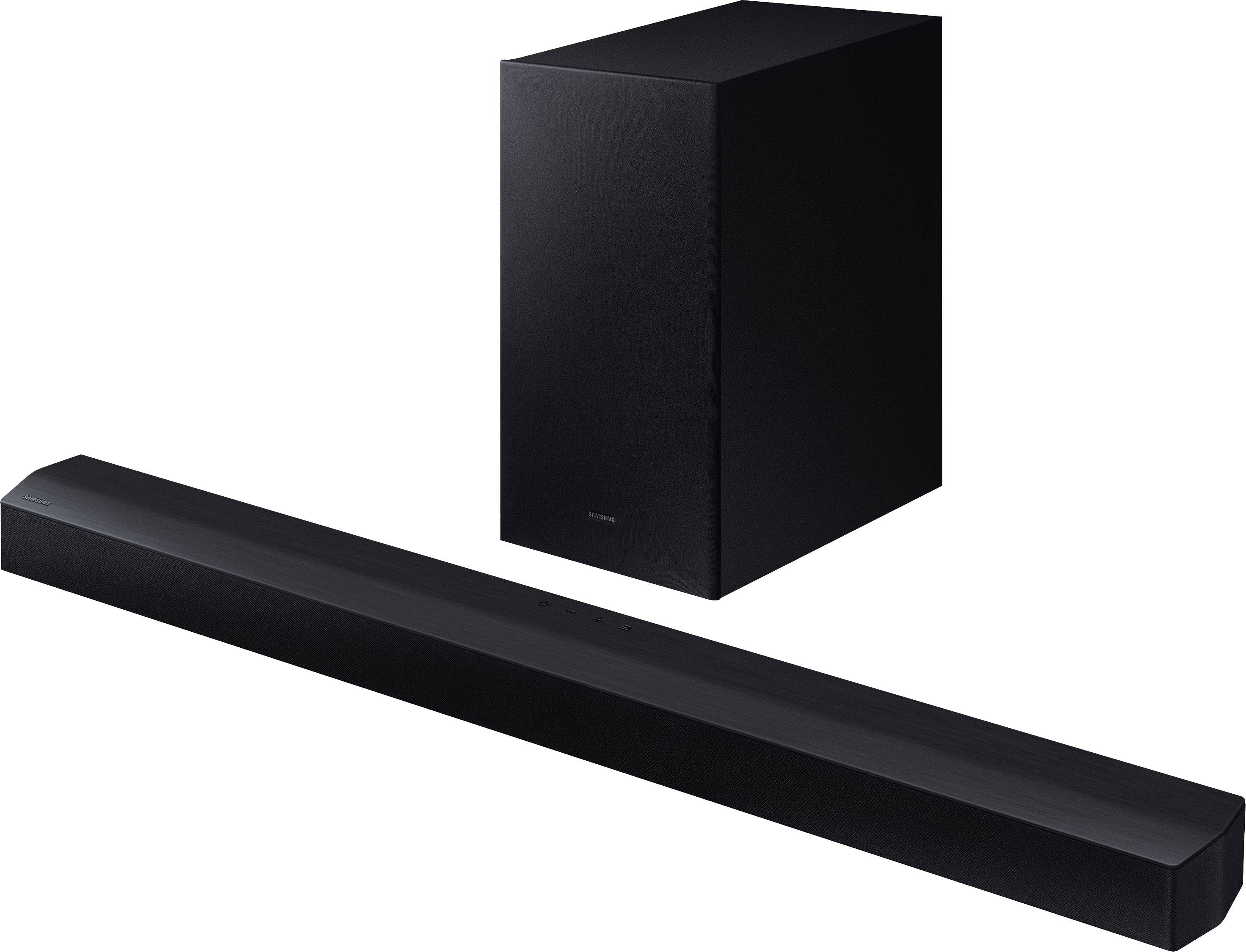 Schwarze Soundbar und Subwoofer. Die Soundbar ist rechteckig und schlank, während der Subwoofer quadratisch und kompakt ist.