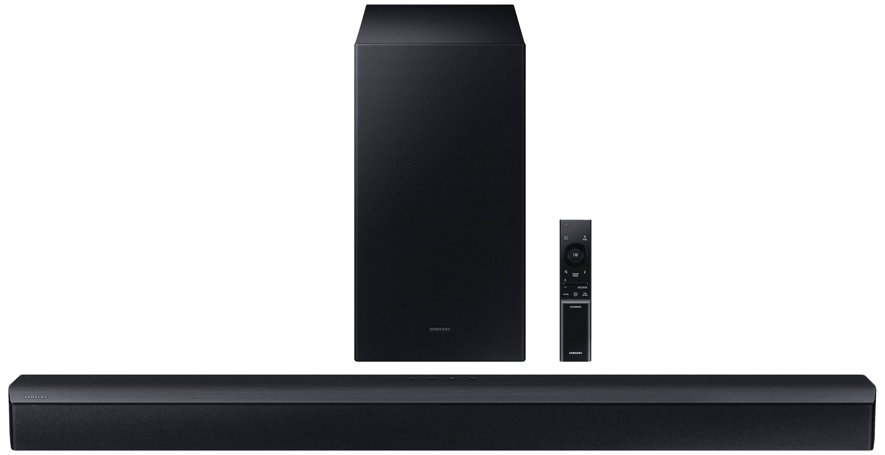 Schwarze Soundbar mit passendem Subwoofer und Fernbedienung. Elegantes, minimalistisches Design für Heimkino-Audio.