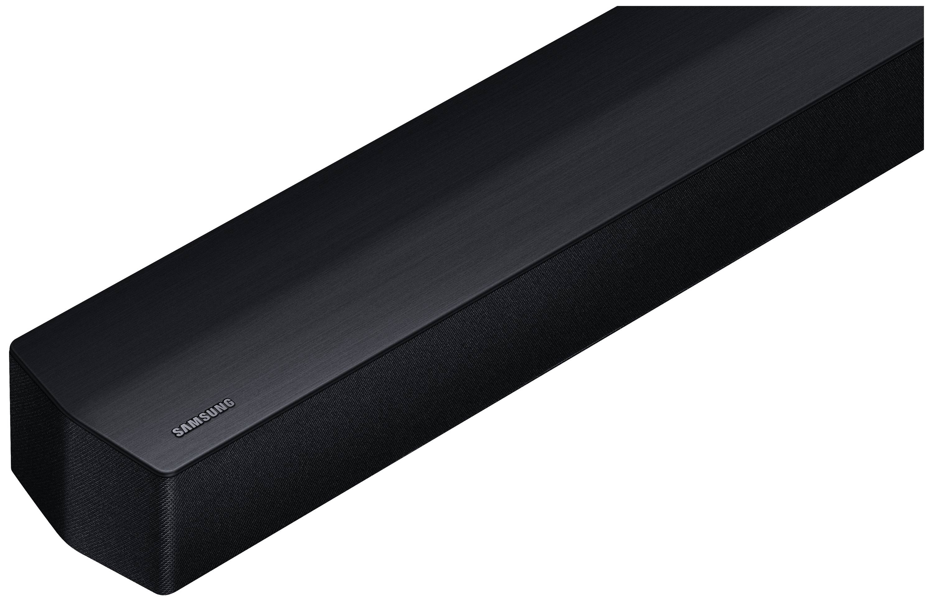 Schwarze Soundbar in länglicher Form mit glänzendem Oberteil. Markennamen an der Ecke.