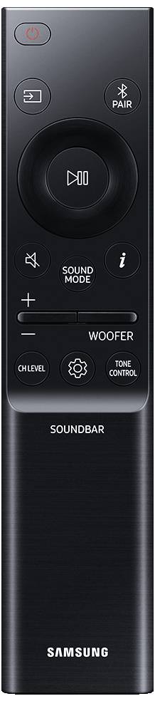 Schwarze Samsung-Soundbar-Fernbedienung mit Lautstärke- und Woofer-Steuerung, Tonmodus- und Stummschalt-Tasten.