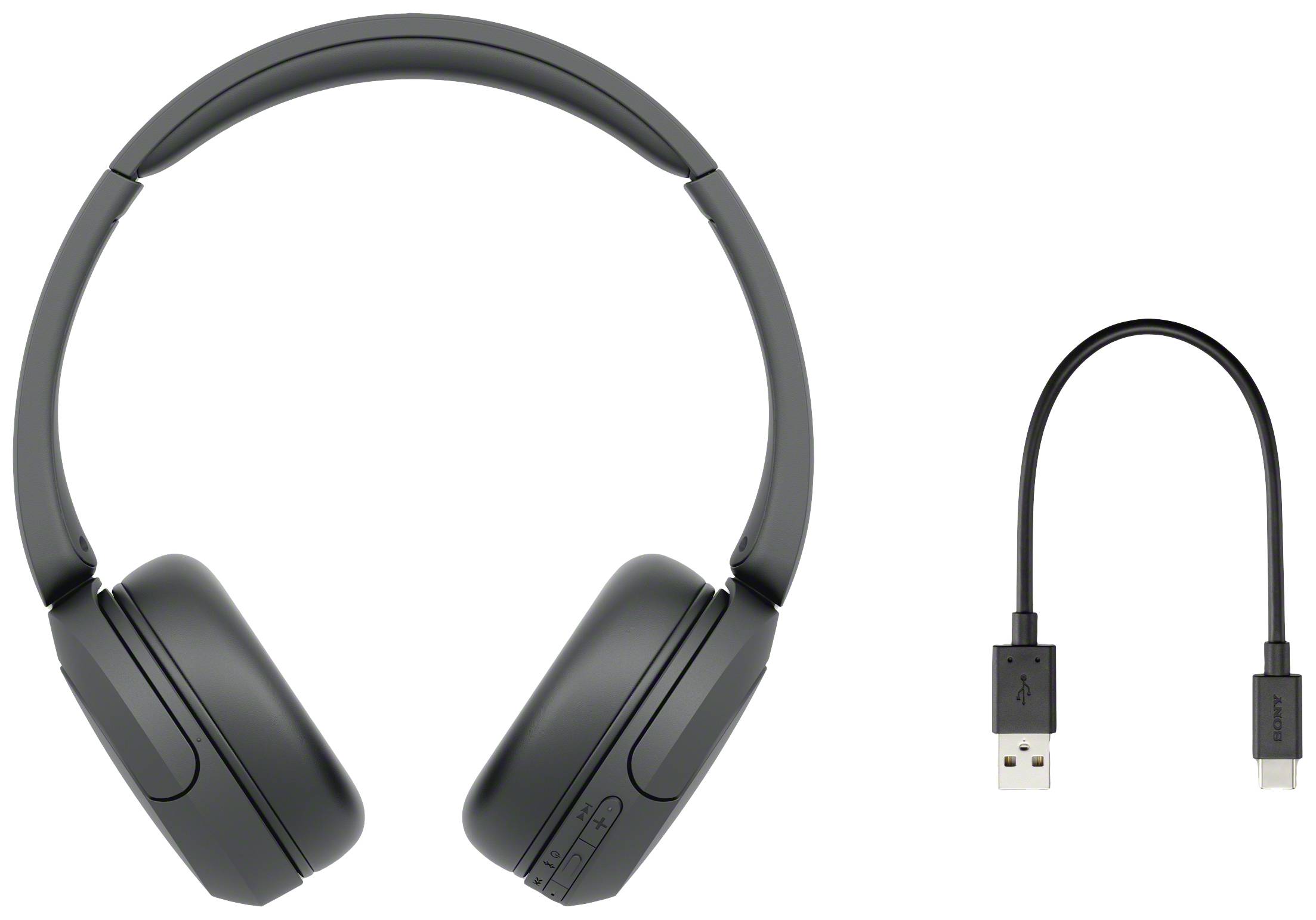Schwarze kabellose Kopfhörer mit USB-Ladekabel. Ideal für Musik und Anrufe unterwegs.