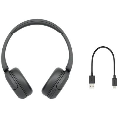 Schwarze kabellose Kopfhörer mit USB-Ladekabel. Ideal für Musik und Anrufe unterwegs.