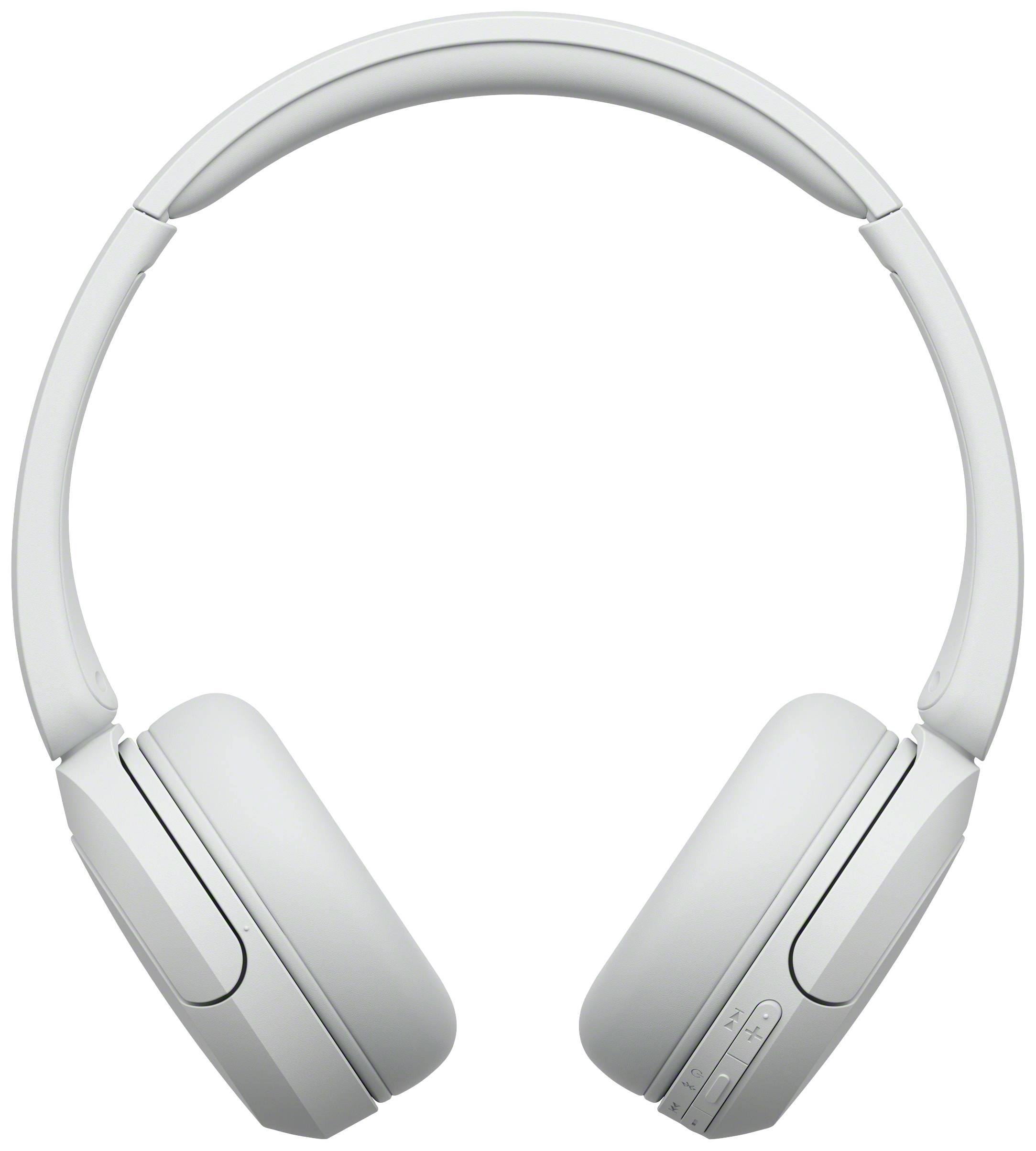 Weiße kabellose Over-Ear-Kopfhörer mit Polsterung. Steuerungstasten befinden sich an der Seite.