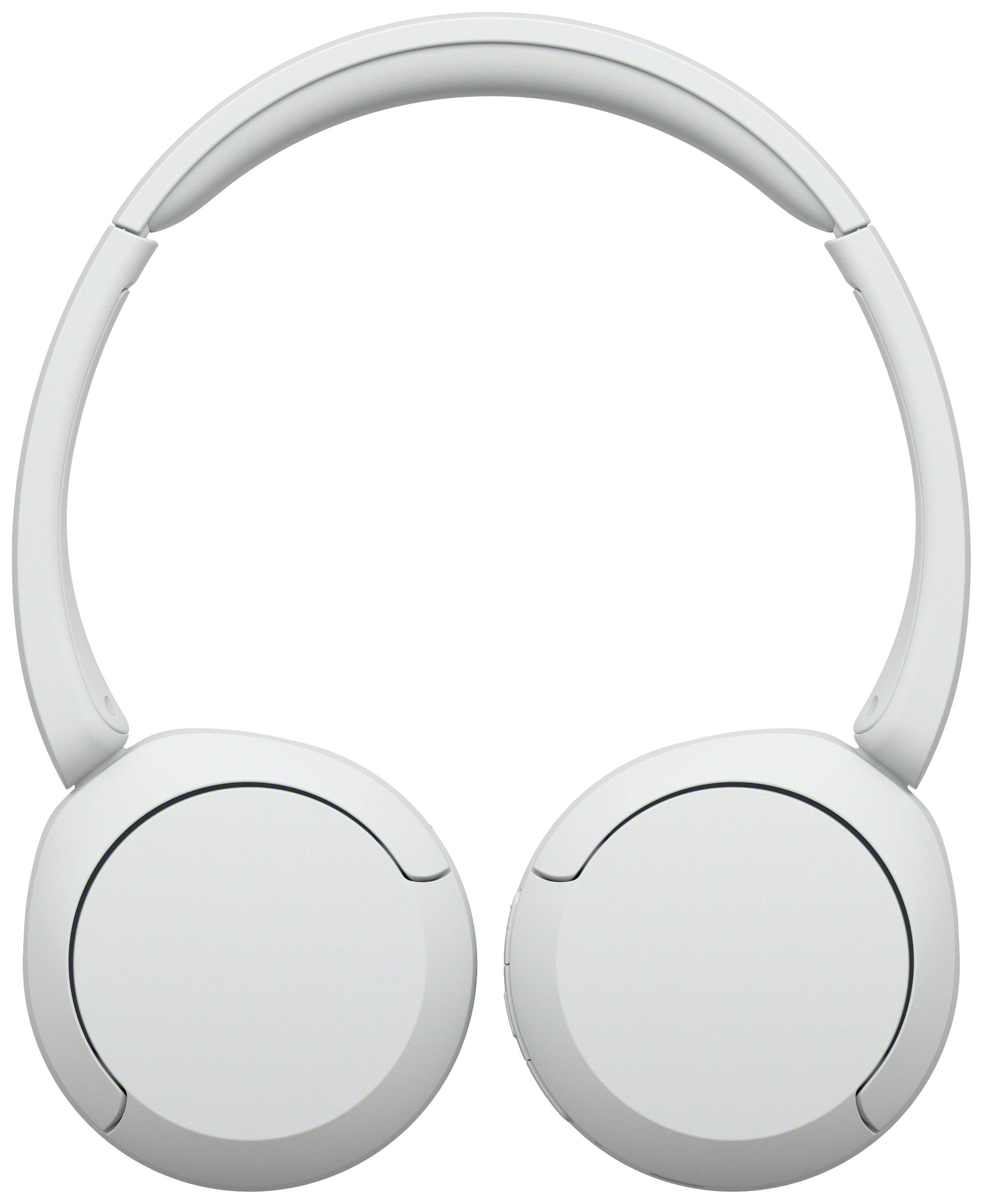 Weiße, drahtlose Over-Ear-Kopfhörer, frontal abgebildet, mit gepolsterten Ohrmuscheln und verstellbarem Kopfband.