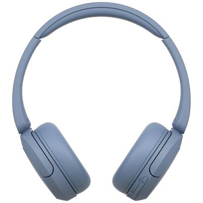 Blaue drahtlose Over-Ear-Kopfhörer, Vorderansicht, mit Bedientasten an der Ohrmuschel.