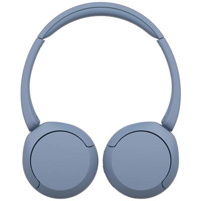 Blaue kabellose Kopfhörer mit ovalen Ohrmuscheln, aufrecht stehend, auf weißem Hintergrund.