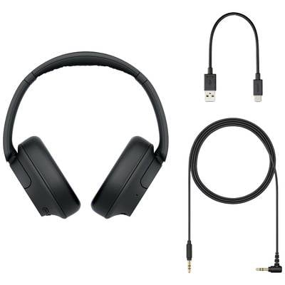 Schwarze, kabellose Kopfhörer mit abnehmbaren Audiokabel und USB-Ladekabel.