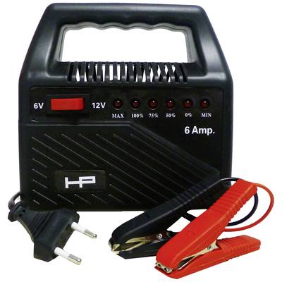 Schwarzes Batterieladegerät mit 6 Ampere, Kippschalter für 6V und 12V, LEDs für Ladezustand, Kabel mit EU-Stecker und Klemmen.