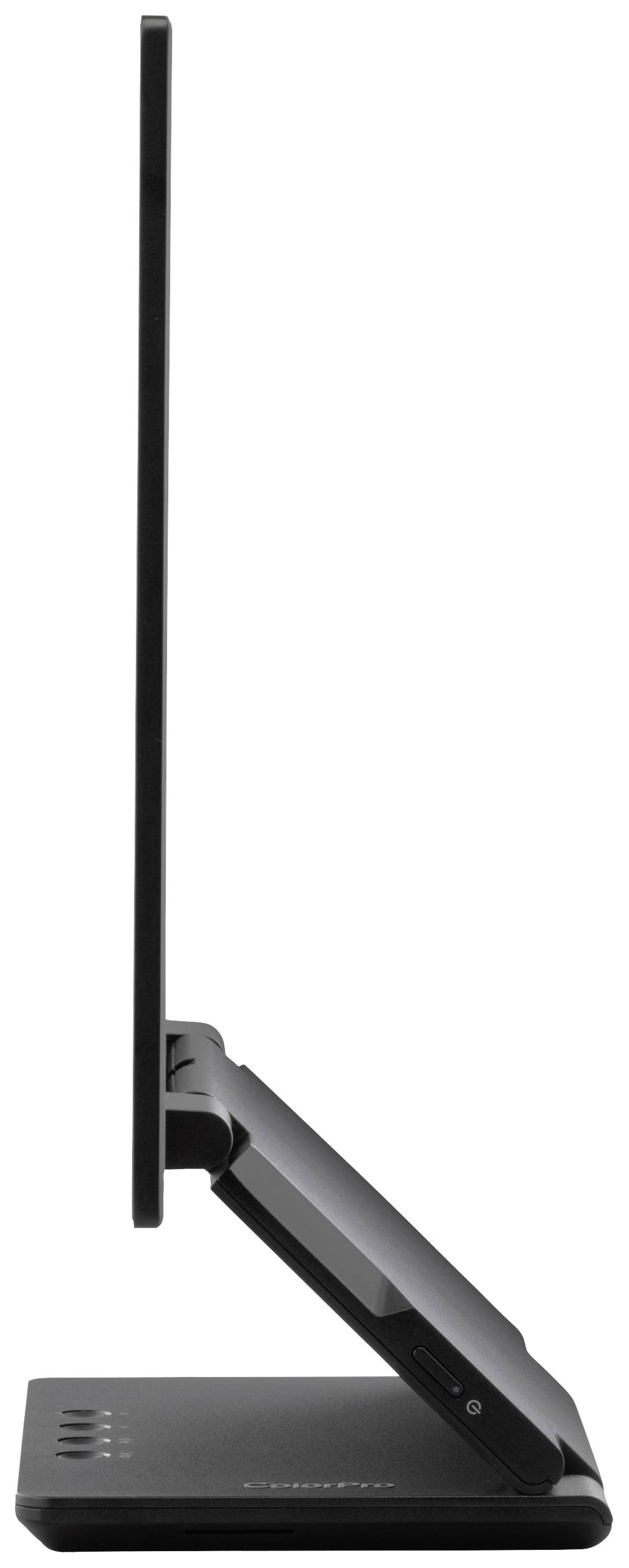 Seitliche Ansicht eines schlanken, flachen Computerbildschirms auf einem modernen Standfuß, der verstellbar ist.