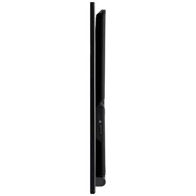 Seitenansicht eines schlanken schwarzen Laptops im zugeklappten Zustand, zeigt die elegante Bauweise und den Ein-/Ausschalter.