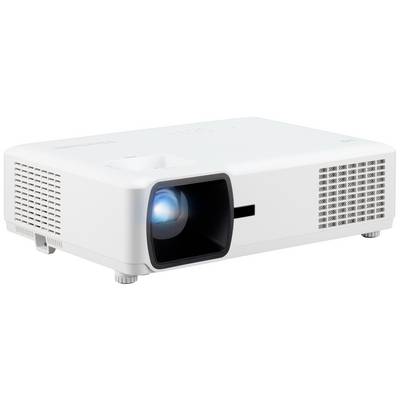 Ein weißer Projektor, der eingeschaltet ist und blaues Licht ausstrahlt. Er hat Lüftungsschlitze an den Seiten und steht auf einem Tisch.