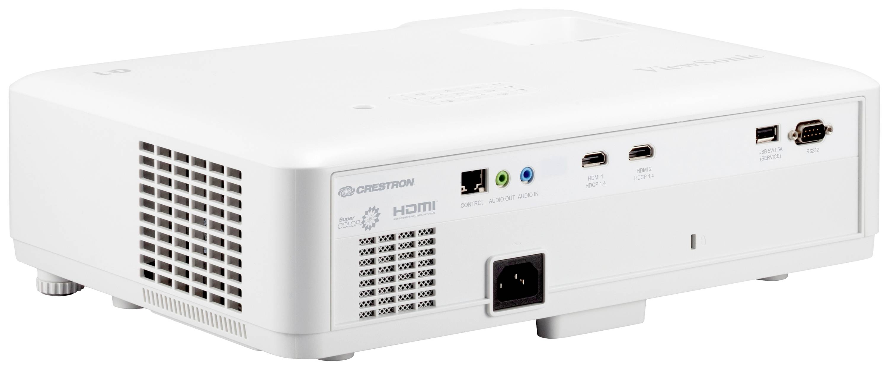 Ein weißer Projektor mit mehreren Anschlüssen, darunter HDMI und VGA, eignet sich für Präsentationen in Büros oder Schulen.