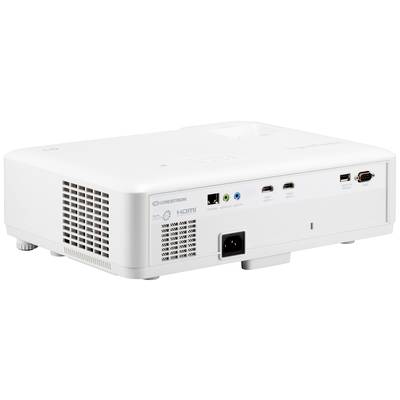 Ein weißer Projektor mit mehreren Anschlüssen, darunter HDMI und VGA, eignet sich für Präsentationen in Büros oder Schulen.