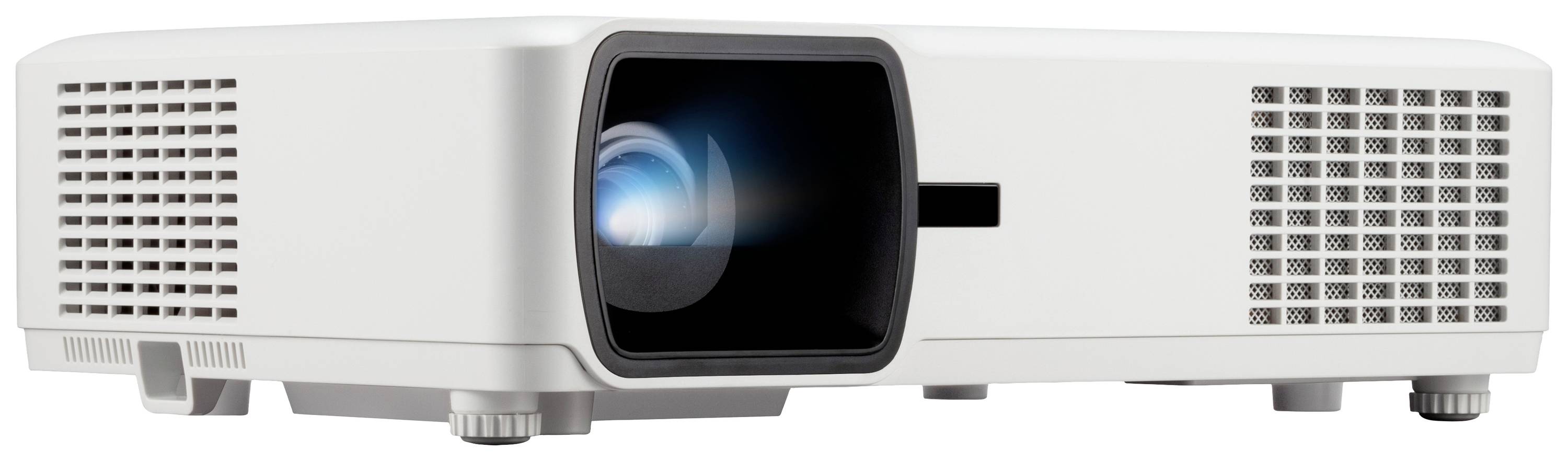 Ein weißer Projektor mit sichtbarem Linsenlicht auf einer ebenen Fläche, geeignet für Präsentationen oder Heimkino-Einsatz.