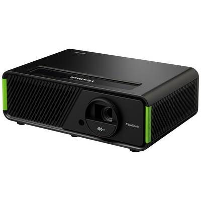 Ein schwarzer 4K-Projektor der Marke ViewSonic auf weißem Hintergrund, Vorderansicht mit sichtbarer Linse.