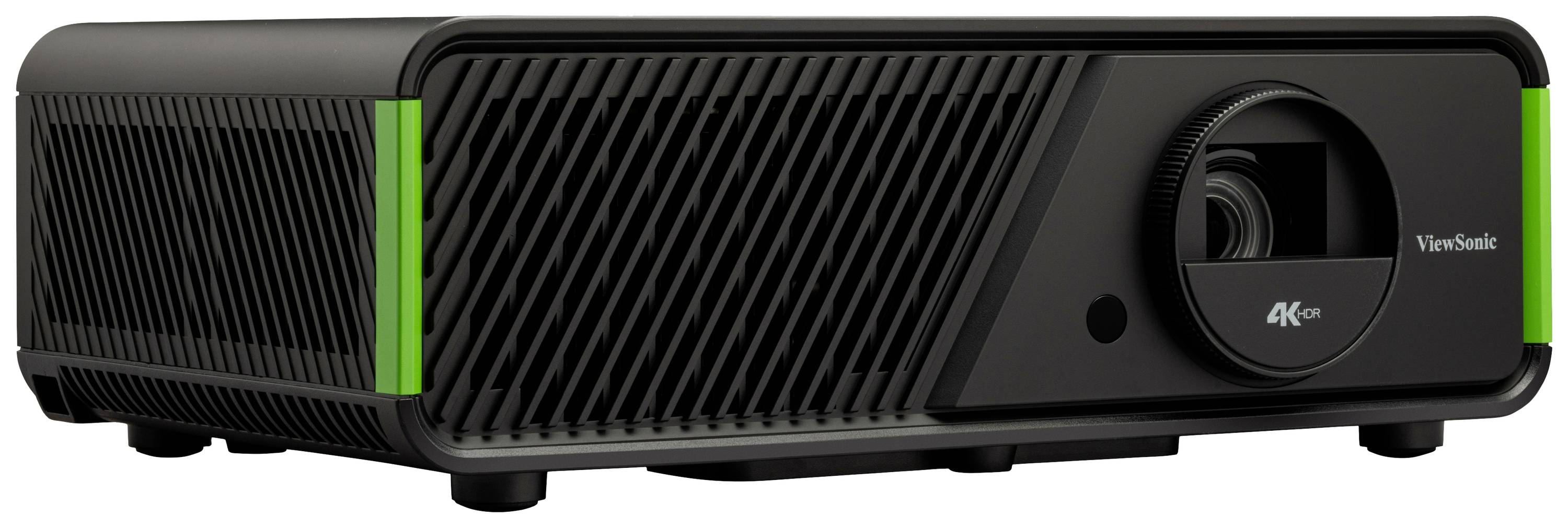 Ein schwarzer 4K-Projektor mit Lüftungsschlitzen und Linseneinstellung. Marke 'ViewSonic' sichtbar auf der rechten Seite.