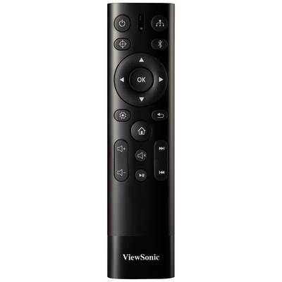 Schwarze Fernbedienung mit Tasten für Lautstärke, Wiedergabe und Navigation. Aufschrift unten: 'ViewSonic'.