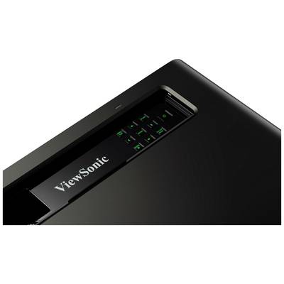 Schwarzer Projektor von ViewSonic mit beleuchteten grünen Tasten und Markenschriftzug. Obere Frontansicht.